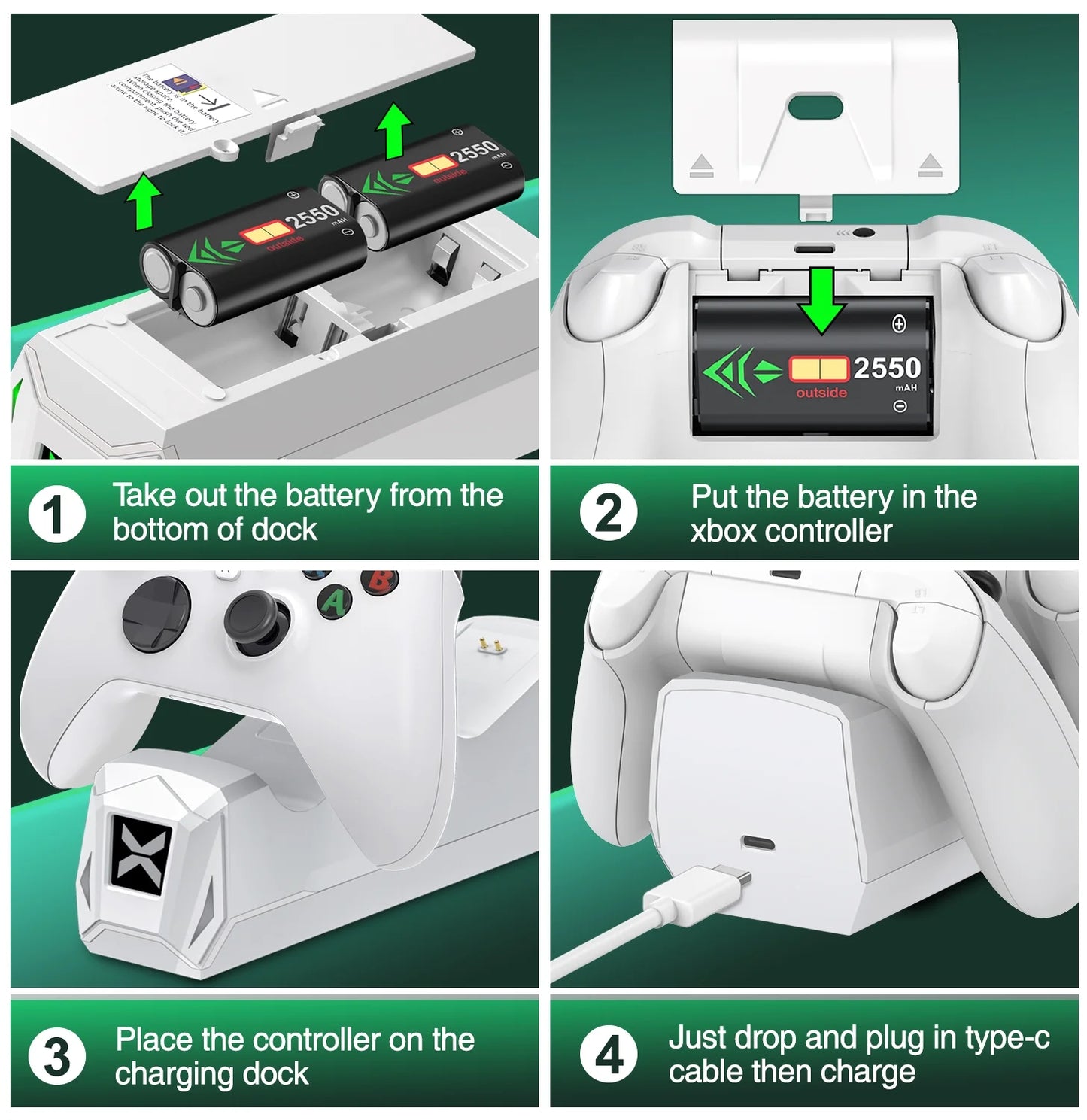 Dual Xbox Controller Charger with 4×5520Mwh Battery Packs for Xbox Series X|S/One/Elite