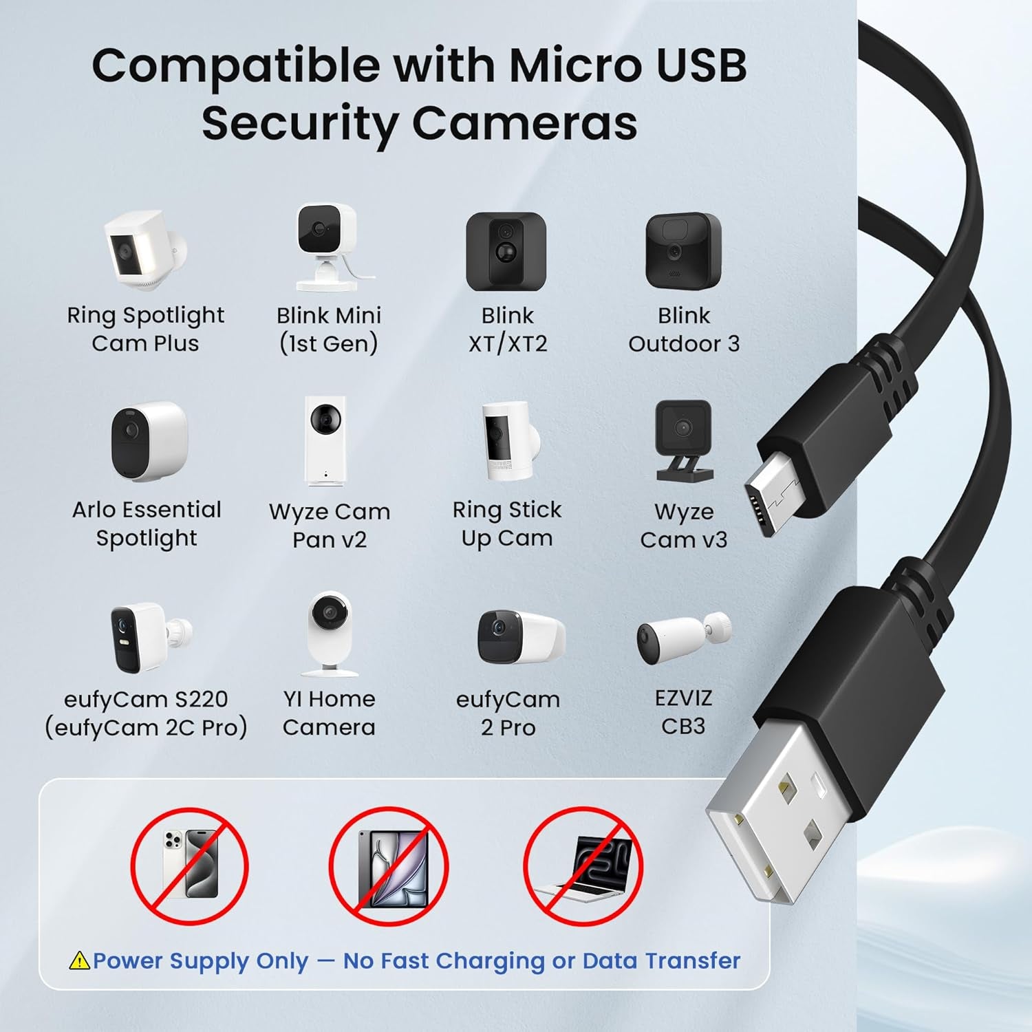 USB to Micro USB Extension Cable 30FT 2Pack,Extra Long Flat Charging Power Extender Cord for Wyze Cam V4/Pan V2/V3,Blink Mini/Xt/Xt2/Outdoor 3,EZVIZ Cb3,Eufycam 2 Pro/2C,25,50,Security Camera